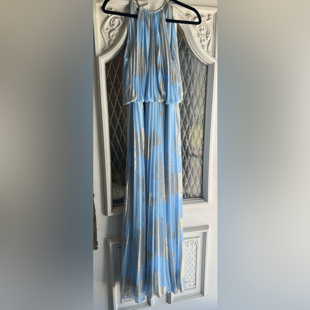 Xscape Evening Foiled Pleated sleeveless 
Blouson Dress gown SZ 12P blue n gold!